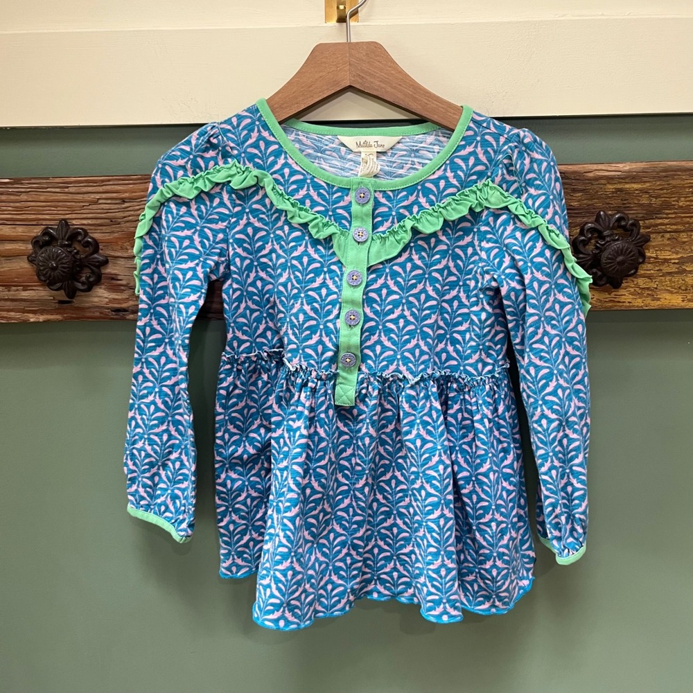 Matilda Jane Girls Blue Pink Leaf Print Ruffle Tunic Top Size 6 Long Sleeve
